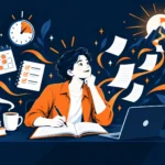 Vállalkozó írás közben, körülötte naptár, óra, teendőlista és laptop, a háttérben zászlós hegycsúcs – írásrutin napi húsz percben