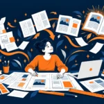 Illusztráció: nő tördelt oldalpárokat, színmintákat és nyomdai próbalapokat néz át az íróasztalán, mellette laptop